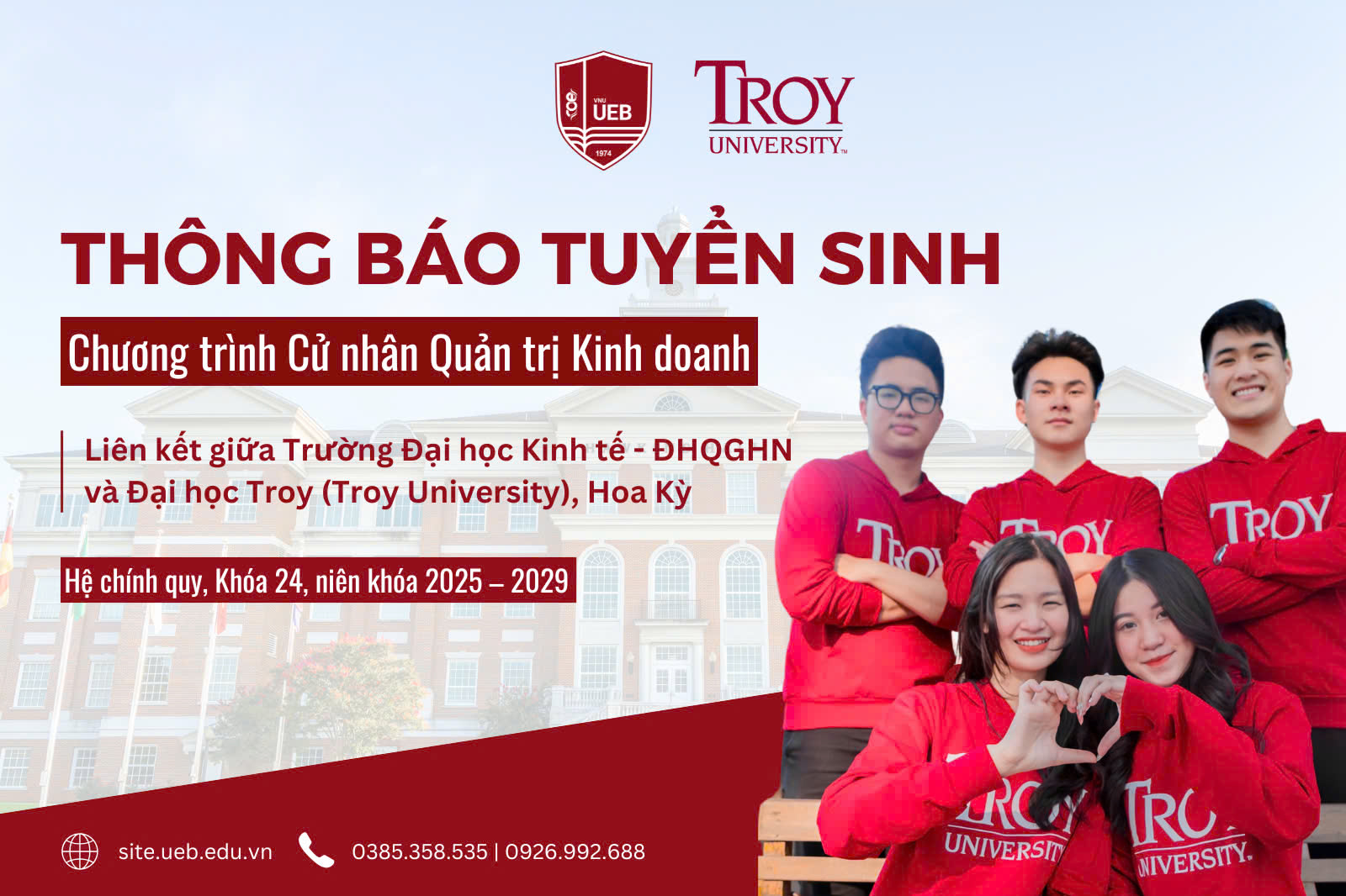 Thông báo tuyển sinh Chương trình Cử nhân Quản trị kinh doanh, Hệ chính quy, Liên kết giữa Trường Đại học Kinh tế - ĐHQGHN và Đại học Troy (Troy University), Hoa Kỳ, Khóa 24, niên khóa 2025 – 2029